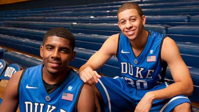 2010: Kyrie Irving and Seth Curry pose for photos in Cameron Indoor Stadium.