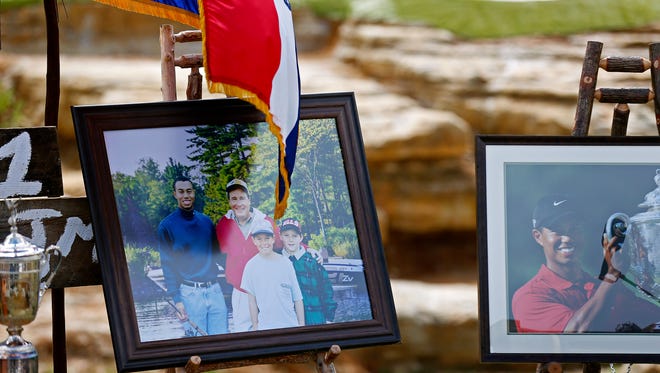 Photographs of Tiger Woods with Johnny Morris and his family as well as during a tournament rest while Woods and Morris hold a press event announcing a new golf course designed by Tiger Woods with the support of Johnny Morris in Hollister, Mo. on April 18, 2017.