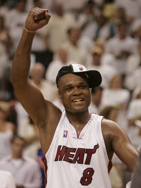 2006: Antoine Walker celebrates as the Heat defeated the Detroit Pistons in Game 6 of the Eastern Conference finals.