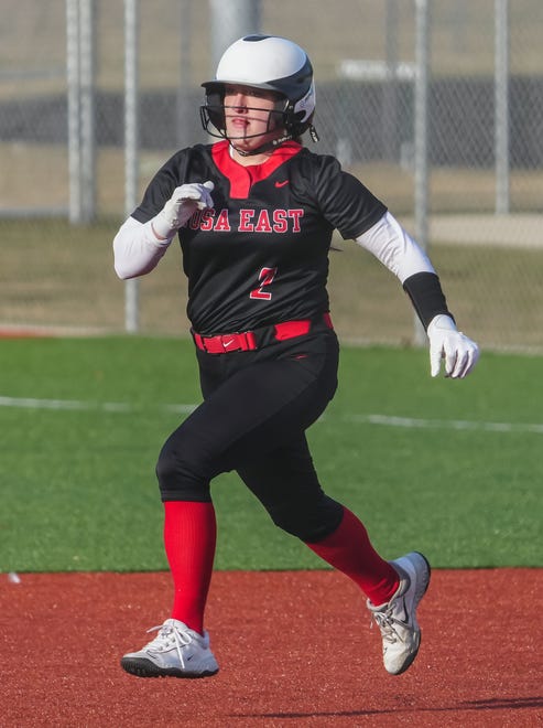 Wauwatosa East's Bella Losinski (2) races to second base during the game at Wauwatosa West, Thursday, March 21, 2024.