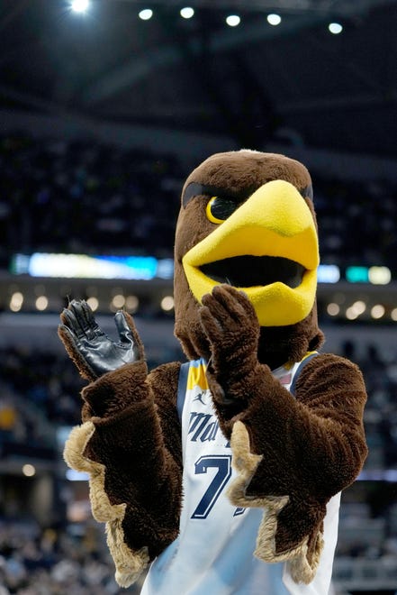 The Marquette mascot cheers on during the Golden Eagles' game against Colorado in the first half of the second round game of the NCAA Men's Basketball Tournament at Gainbridge Fieldhouse on March 24, 2024 in Indianapolis, Indiana.