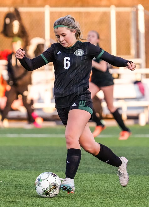 West Allis Hale's Rachael Hanson (6) moves the ball downfield during the match against Ozaukee/Random Lake co-op at West Allis Athletic Complex, Thursday, March 28, 2024.