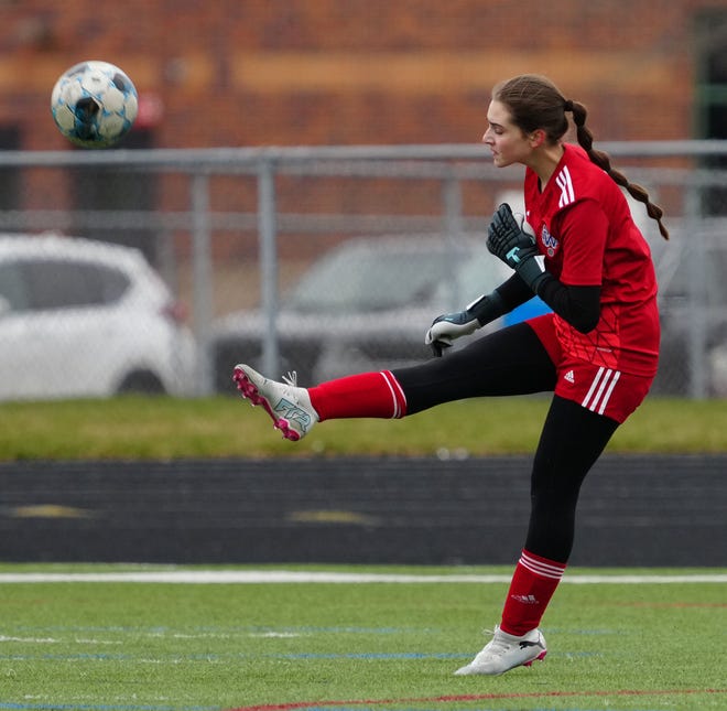 Waukesha West keeper Eliza Bellovary (1) sends the ball downfield during the match at home against Kettle Moraine Lutheran on Saturday, March 30, 2024.
