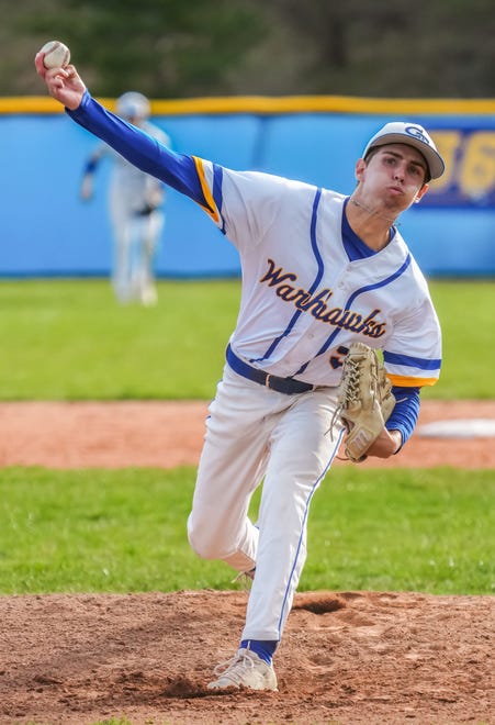 Germantow's Nick Heisl (9) delivers a pitch during the game at home against Menomonee Falls on, Friday, April 12, 2024.