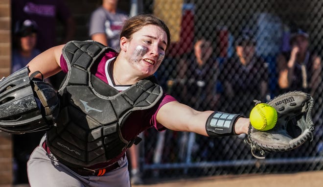 Menomonee Falls catcher Alex Selear (51) can't secure a pop-up foul during the game at Brookfield Central, Monday, April 15, 2024.