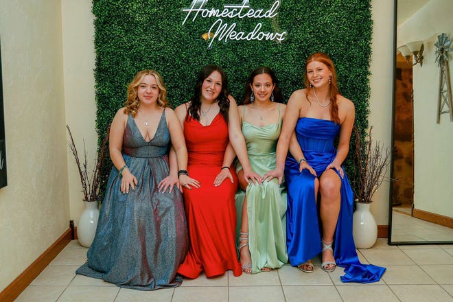 Hortonville's Olivia Pavich and her friends pose for a photo at their prom on Saturday, April 13, 2024, at the Homestead Meadows Farm in Appleton