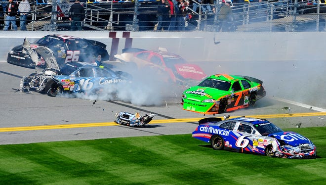 Danica Patrick (7) and Ricky Stenhouse Jr. (6) both crashed in their first NASCAR Nationwide Series event, the Drive4COPD 300 at Daytona International Speedway on Feb. 13, 2010.