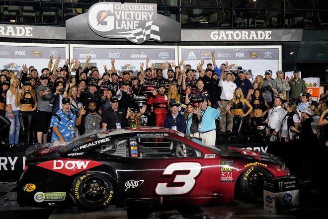 Austin Dillon and the No. 3 Richard Childress Racing team celebrate their victory in the 2018 Daytona 500, 20 years after Dale Earnhardt Sr. captured his lone Daytona 500 title in the same car while driving for Childress.