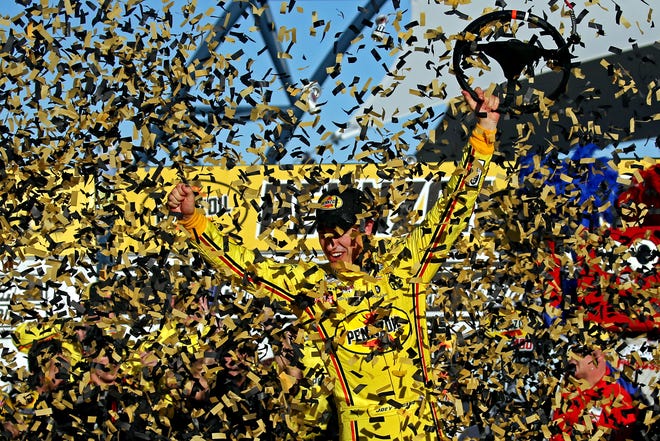 Joey Logano celebrates in a shower of confetti after winning the Pennzoil 400 at Las Vegas Motor Speedway on Feb. 23, 2020.