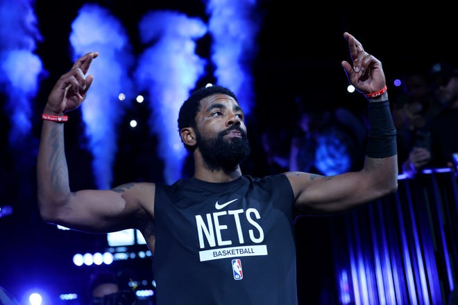 2022: Brooklyn Nets guard Kyrie Irving is introduced before the NBA 2022-23 season-opening game against the New Orleans Pelicans at Barclays Center.