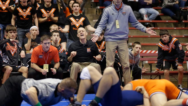 Kaukauna High School against Hudson High School during semi-final action in the WIAA 2015 State Team Wrestling Tournament on March 6, 2015 in Madison, Wis.
Wm. Glasheen/Post-Crescent Media