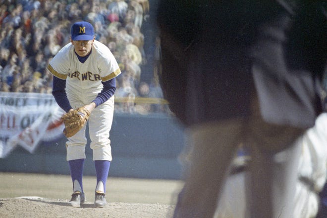 Brewers starter Lew Krausse (24) eyes up his next pitch during the Brewers' first opening day on April 7, 1970. The game was also the season opener for the Brewers. A crowd of 37,237 saw the Brewers fall to the California Angels 12-0.